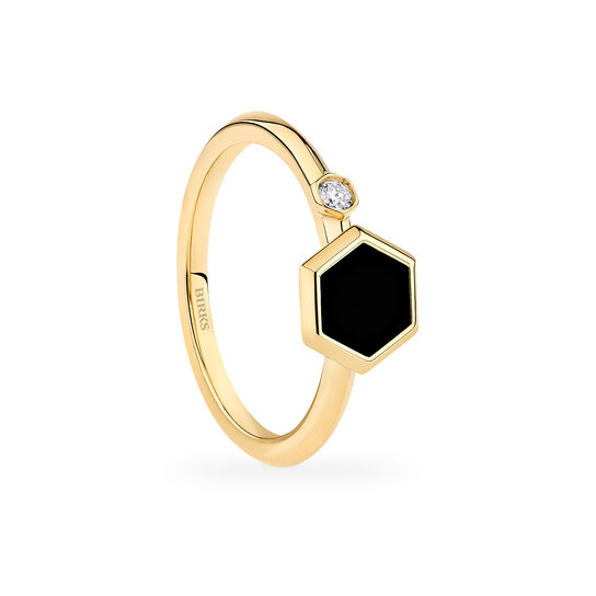 Angled view of Birks Bee Chic yellow gold ring showcasing black onyx and setting detail image number 2